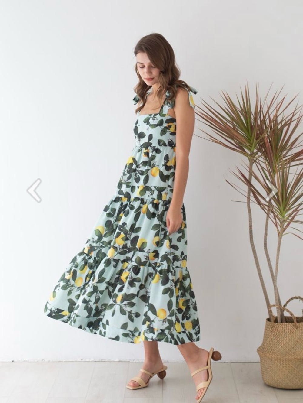 Chicwish Minty Lemon Printed Tie-Strap Tiered Maxi Dress